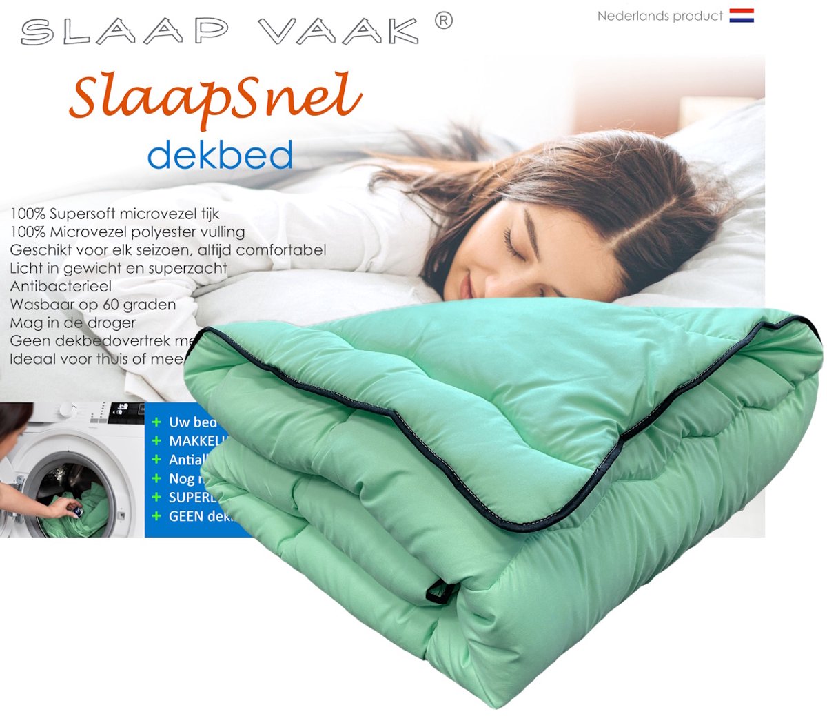SlaapVaak SlaapSnel Dekbed - Dekbed zonder Overtrek - All Year Dekbed - Hoesloos Dekbed - Anti-Allergisch - Wasbaar - Tweepersoons - 200x200 cm - Mint Groen (8721067014107)