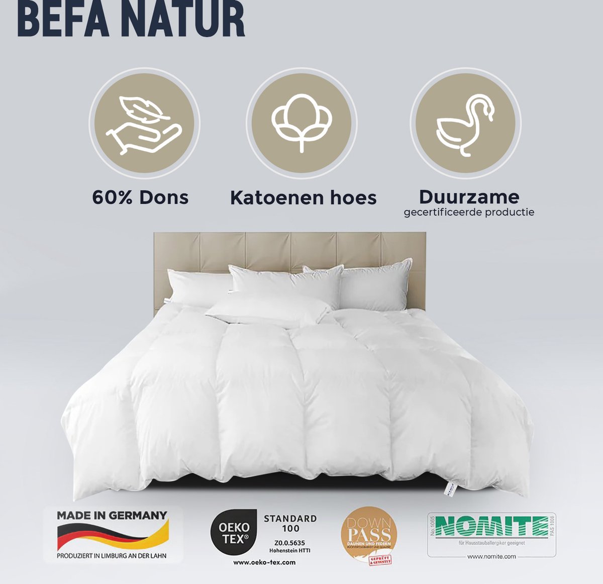 BEFA NATUR Dekbed Zomer eendendonsdekbed, 200x200 cm, van 60% eendendons en 40% veren, Gemaakt in Duitsland (8721082334600)