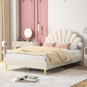 Tweepersoonsbed 140x200 cm met Pluche Schelp Hoofdeinde Beige Fluweel (9101120320236)