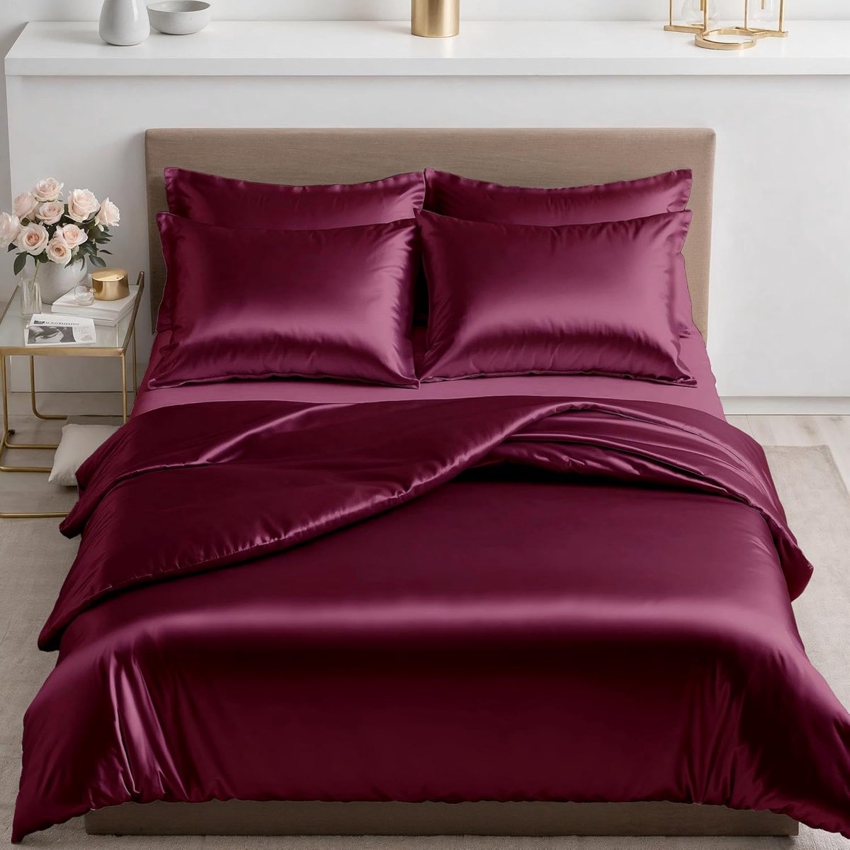 Satijnen Dekbedset - Luxe Bedtextiel - Slaapcomfort - Extra dik en zacht - 200x200 cm - Bordeauxrood (9101166581646)