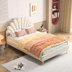Tweepersoons Bedframe 140x200 cm met Bloemen Hoofdeinde in Beige Fluweel (9101066355378)