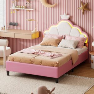Tweepersoonsbed 140x200 cm met LED en Kroon Hoofdeinde Roze Fluweel (9101030501893)