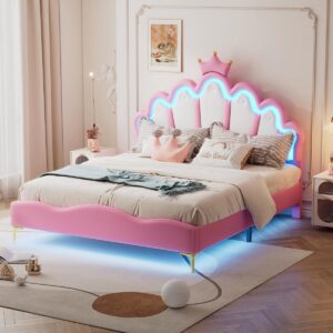 Tweepersoonsbed 140x200 met Kroon Hoofdeinde en LED Sfeerverlichting Roze (9101063836658)