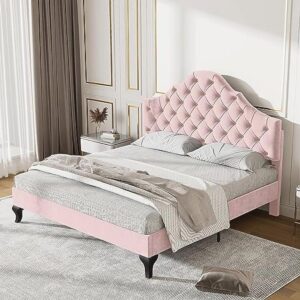 Upholstered Teenage Bed 140x200 cm - Velvet with Adjustable Headboard - Pink (9101003687401)