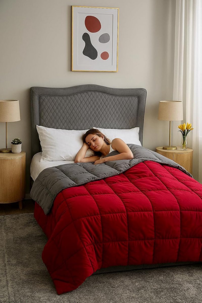 Luxe Hoesloos Dekbed 200x200 cm in Rood en Grijs - Ademend en Wasbaar, Anti-Allergie, 2 Persoons (9101066912250)