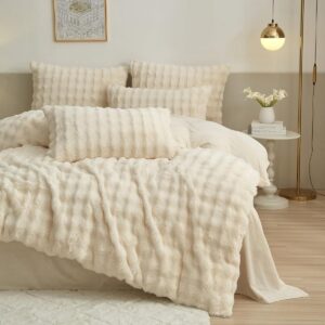 Pluchen Beddengoed Set 200x220 cm Wit Crème - Winterbeddengoed met Ritssluiting en 2 Kussenslopen 80x80 cm (9101106813622)