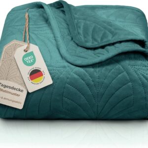 Premium bedsprei 200x220 cm - Zachte fluwelen deken met bladmotief - Kreukvrij en onderhoudsvriendelijk - Sprei voor bed en bank (donkergroen) (9101138895238)