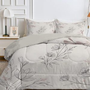 Tweepersoons Dekbed 200x220 cm Grijs met Plantenprint en Kussenslopen (9101105105063)