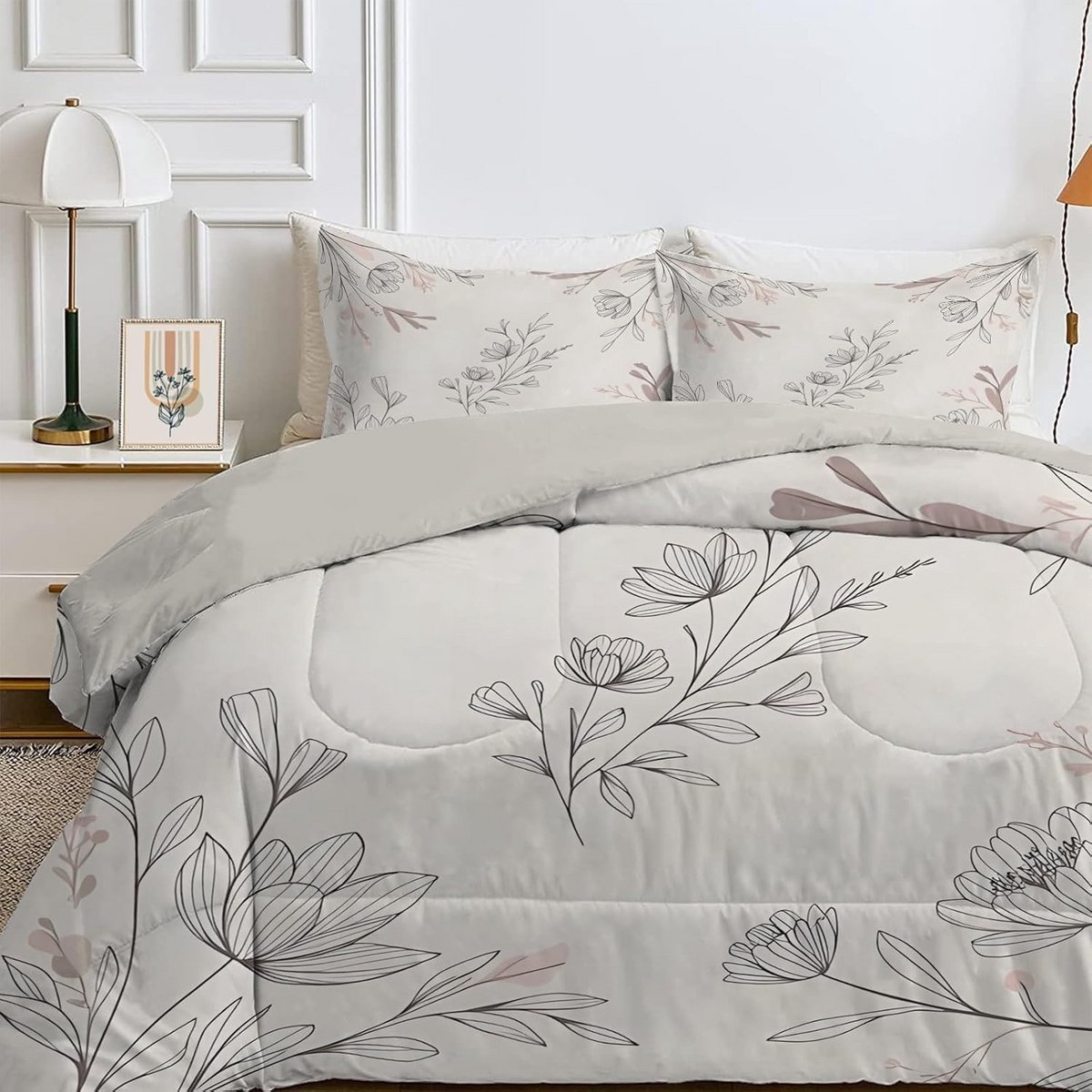 Tweepersoons Dekbed 200x220 cm Grijs met Plantenprint en Kussenslopen (9101105105063)
