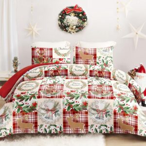Warm Kerstdekbed 200x200 cm met 2 Kussenslopen - Rood Patchwork Rendier & Krans Patroon (9101144422664)